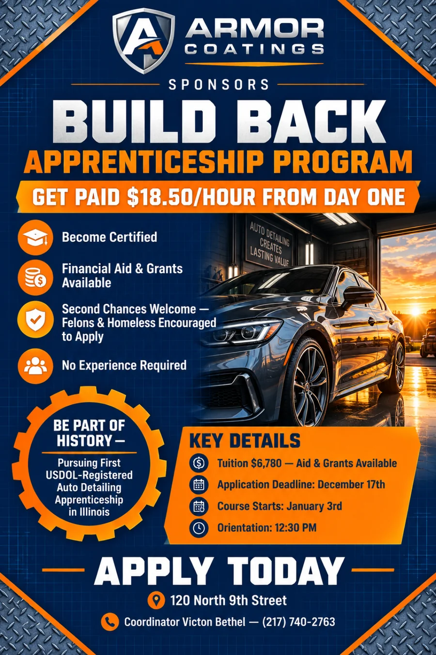 Build Back Apprenticeship Program flyer: get paid $18.50 an hour from day one, apply by December 17th